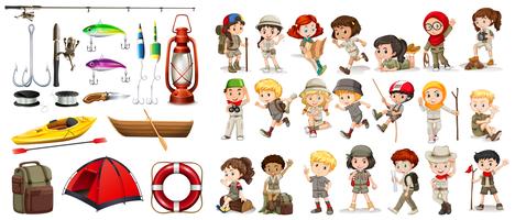 Children and camping equipment vector