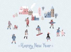 Christmas and Happy New Year illustration whit people. vector