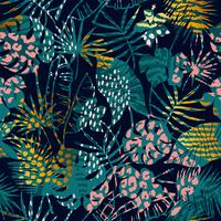 Trendy seamless exotic pattern with palm, animal prints and hand drawn textures. vector