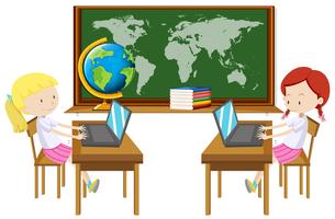 Two girl working on computer in classroom vector