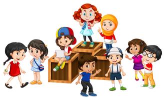 Many happy children on the wooden boxes vector