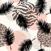 Abstract seamless pattern with animal print, tropical plants and geometric shapes. vector