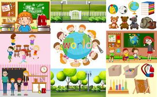 School scenes with students in different classrooms vector