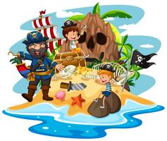 Escena del océano con piratas y niños en la isla del tesoro