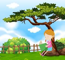 Una niña leyendo un libro debajo de un árbol vector