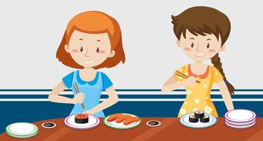 Girls Eating Japanese Sushi vector