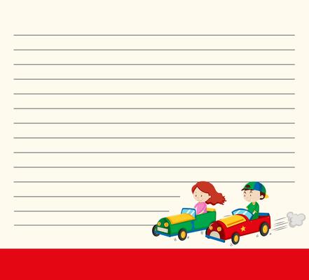 Line paper template with kids in racing cars