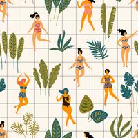 Vector seamless pattern with dancing ladyes in swimsuits and tropical palm leaves.