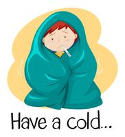 Palabra para tener un resfriado con niño en manta. vector