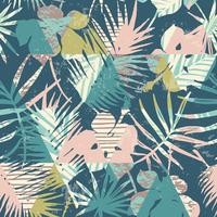 Seamless exotic pattern with tropical plants and geometric background. vector