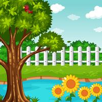 Garden scene with pond and flowers vector