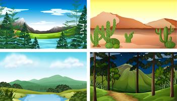 Four nature scenes with tree and mountains vector
