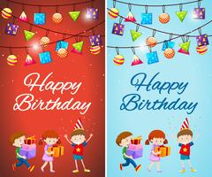 Two designs of birthday card template with kids and presents vector