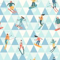 Vector illustration of skiers and snowboarders. Seamless pattern.