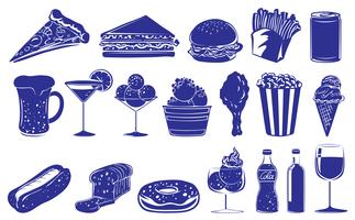 Diseño Doodle de los diferentes alimentos y bebidas. vector