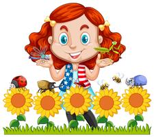 Little girl and insects in sunflower garden vector