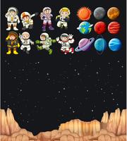 Astronautas y planetas diferentes en el universo. vector