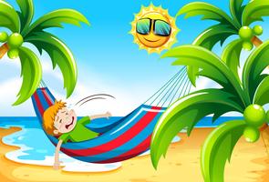 Boy having heat stroke at the beach vector