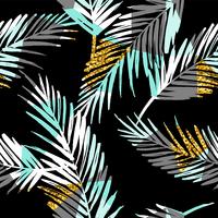 Seamless exotic pattern with palm leaf silhouettes. Gold glitter texture. vector