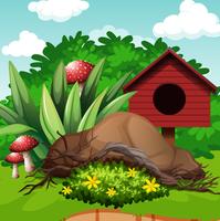 Garden scene with birdhouse and mushroom vector