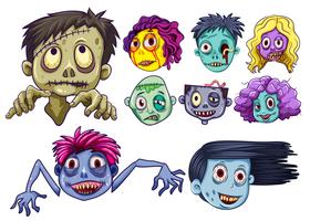 Conjunto de cabezas de zombies. vector