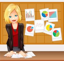 Businesswoman and different types of charts on the wall vector