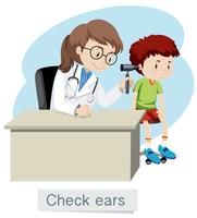 Un niño revisando las orejas con el doctor vector