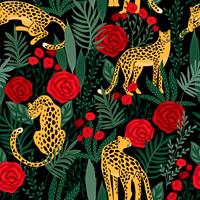 Seamless pattern with leopards and roses. vector