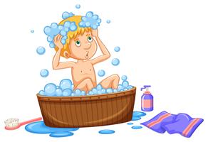 Boy taking bath in brown tub vector