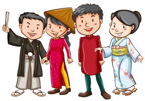 Asian people in traditional costumes vector