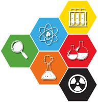 Símbolos de la ciencia en el fondo del hexágono vector