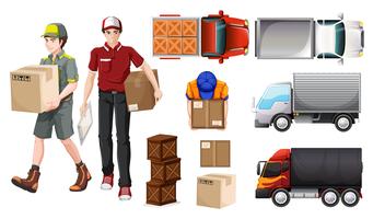 Delivering service with deliveryman and trucks vector