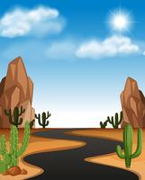 Escena del desierto con carretera y cactus. vector