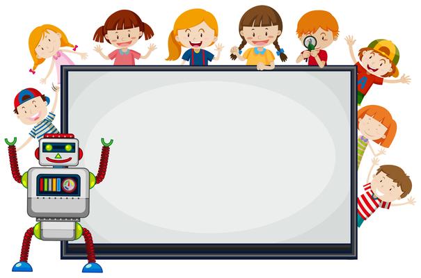 Children and robot around frame