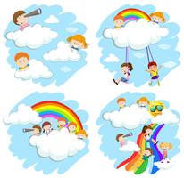 Niños felices en nubes esponjosas y arco iris vector