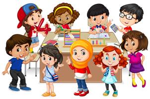 Many kids learning math in classroom vector