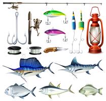 Set de pesca con equipamiento y peces. vector