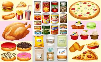 Different types of canned food and desserts vector