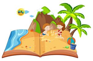 Children playing on an island pop up book vector