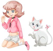 Cute girl and white cat vector