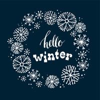 Winter lettering design on snow background with hand drawn snowflake frame. vector