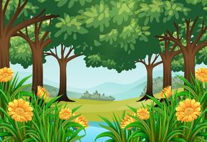 Forest scene with flowers and pond vector