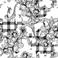 Eclectic fabric plaid seamless pattern with baroque ornament. vector