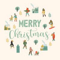 Christmas and Happy New Year illustration whit people. Trendy retro style. vector