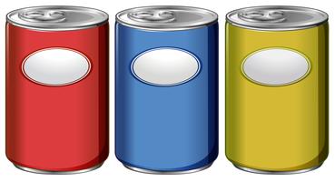 Tres latas con etiquetas de diferentes colores.
