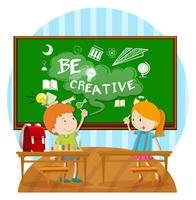 Two kids writing on board in classroom vector