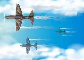 Tres aviones militares volando en el cielo azul vector