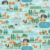 Vector seamless pattern with forest flora and fauna. 