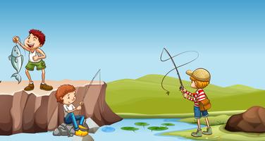 Tres niños pescando en el río. vector