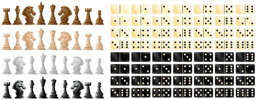 Piezas de ajedrez y dominó en blanco y negro. vector